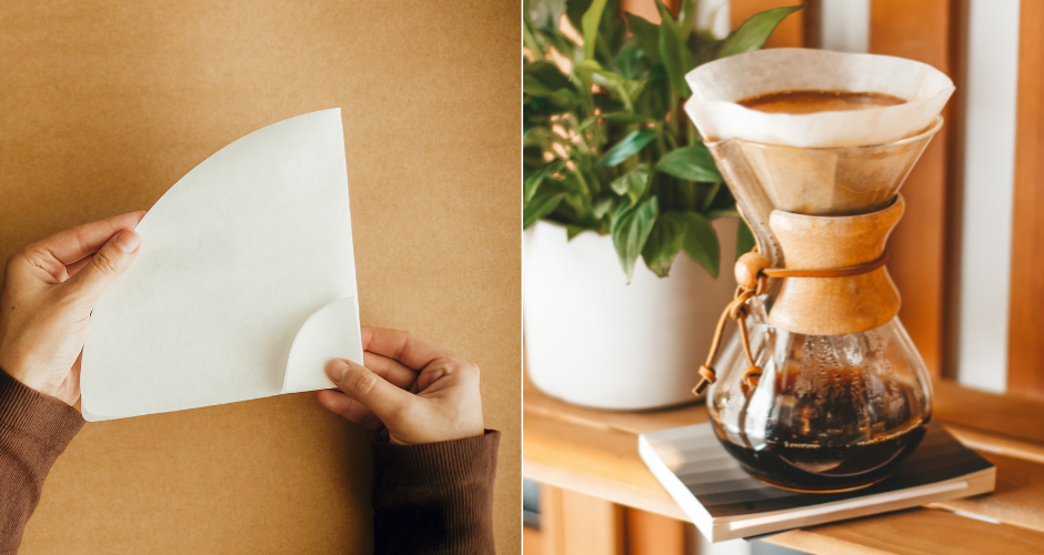 A Chemex paper filter being folded beside a brewed Chemex coffee