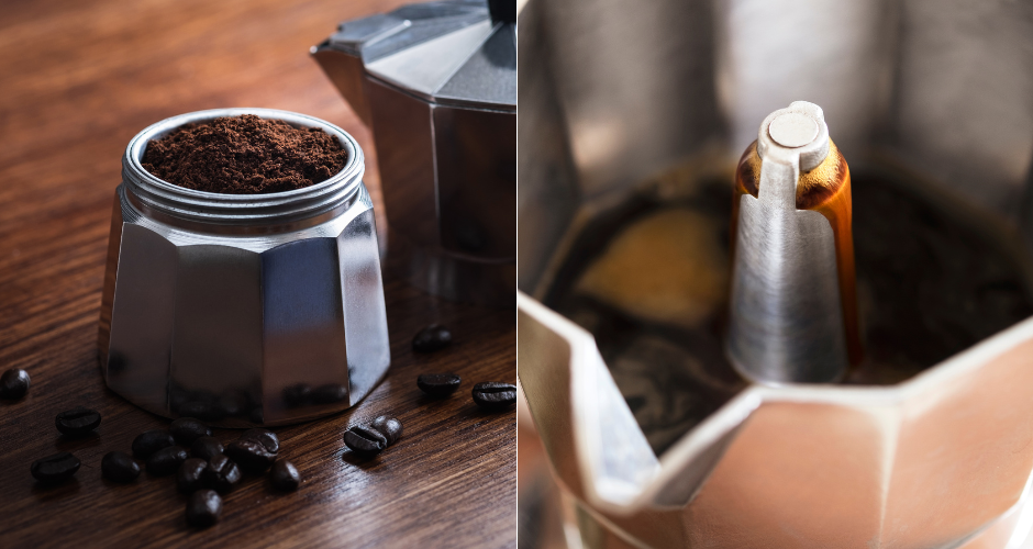 Ground coffee in a moka pot basket beside coffee brewing in a moka pot