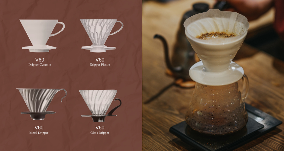 Ceramic, plastic, metal, and glass V60 drippers beside a brewing V60