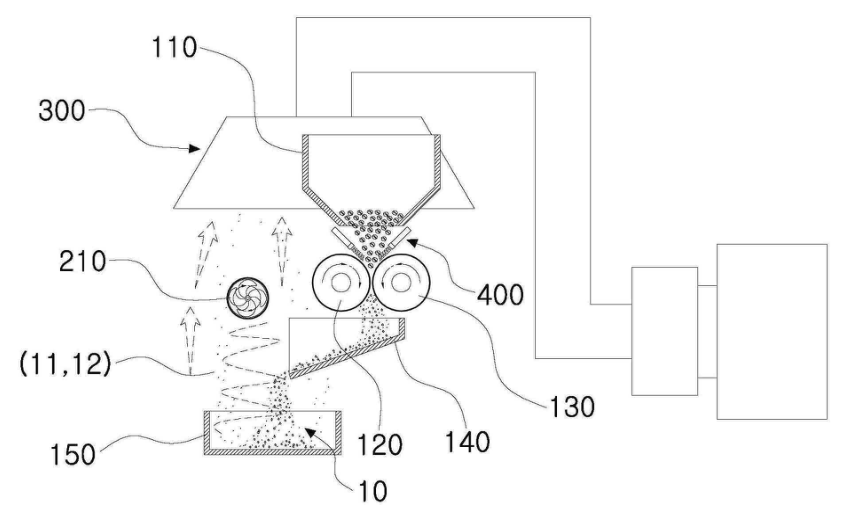 Patent drawing: roasted coffee falls through cutting rollers while airflow carries loosened material into a collection tray