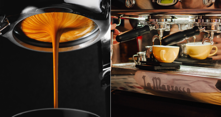 Fresh espresso flowing from a portafilter beside a working espresso machine