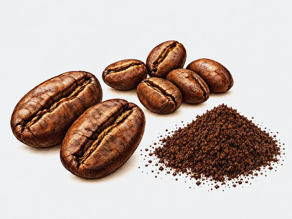 Color illustration of chestnut-brown roasted coffee beans beside finely ground coffee
